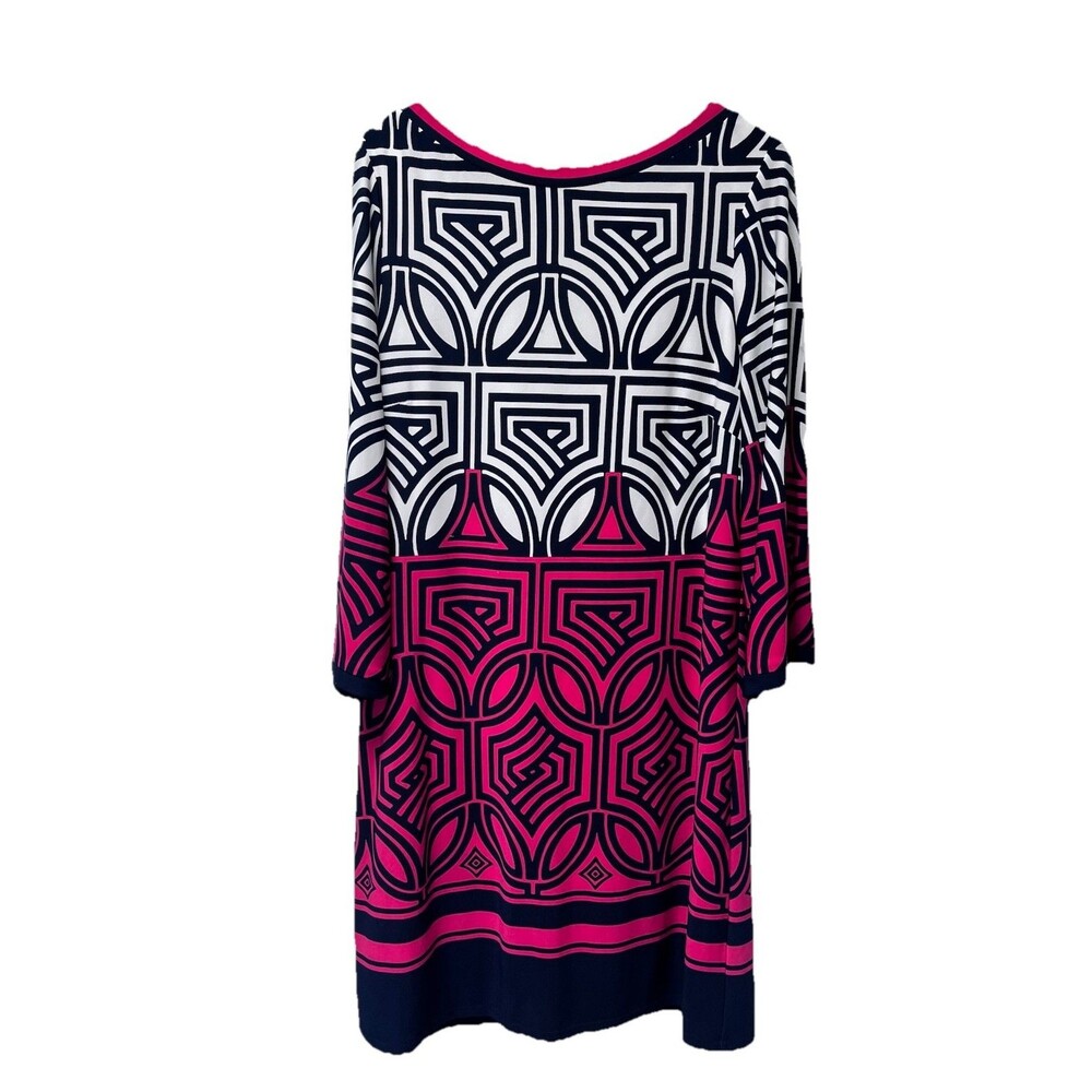 Eliza J Geo Patterned Shift Dress Size 12 Lined Pink Black Zippered Bell Sleeves